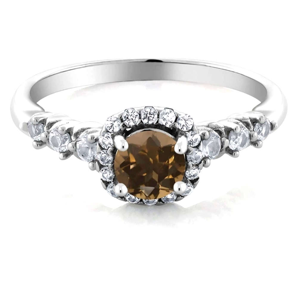 Round Brown Smoky Quartz and White Created Sapphire 925
